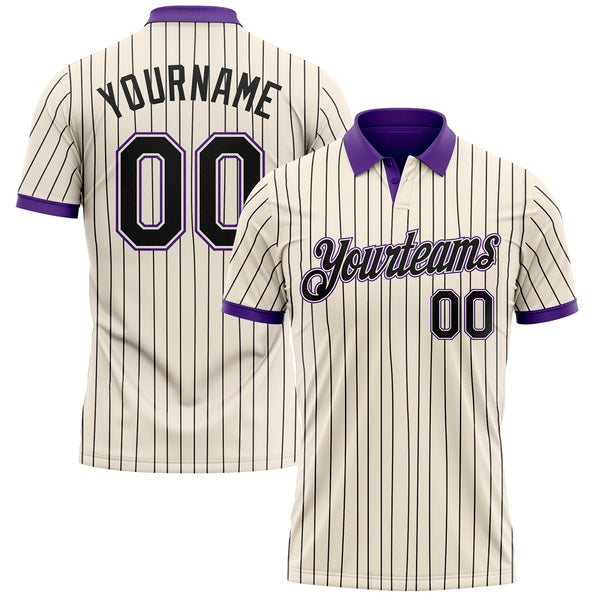 Custom Cream Black Pinstripe-Purple Performance Polo Shirt