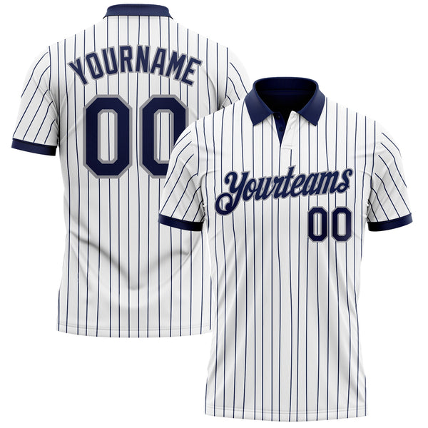 Custom White Navy Pinstripe-Gray Performance Polo Shirt