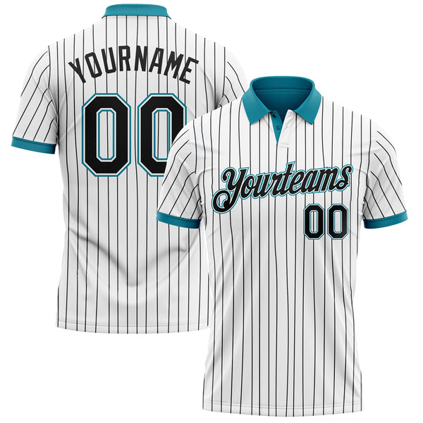 Custom White Black Pinstripe-Teal Performance Polo Shirt