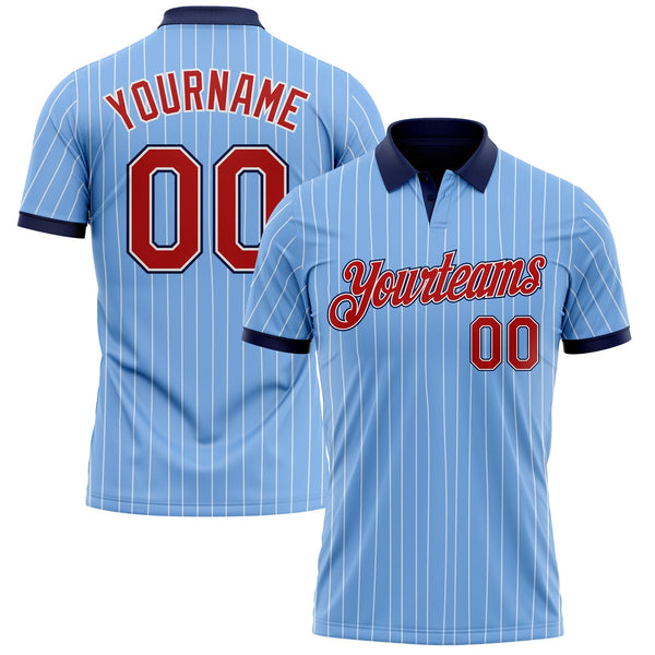 Custom Light Blue White Pinstripe Red-Navy Performance Polo Shirt