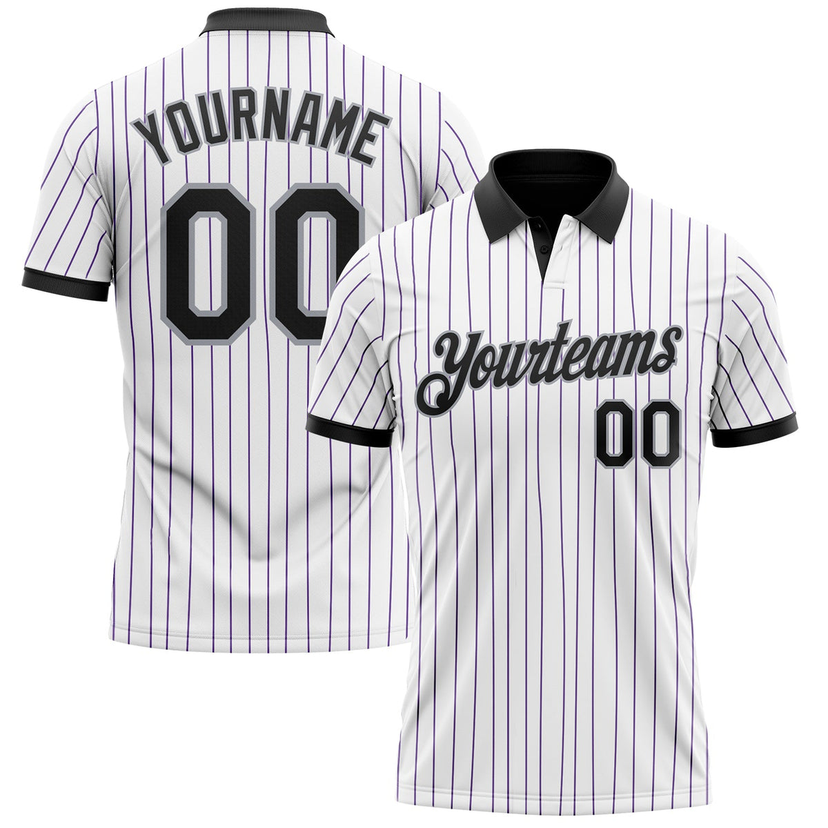 Custom White Purple Pinstripe Black-Gray Performance Polo Shirt