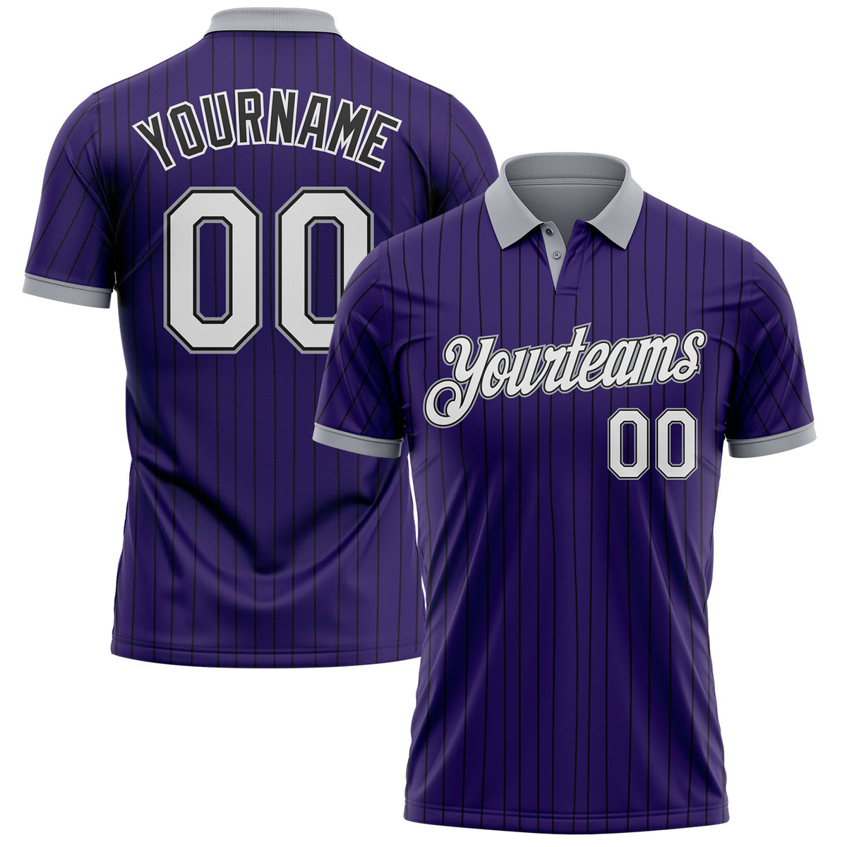 Custom Purple Black Pinstripe White-Gray Performance Polo Shirt