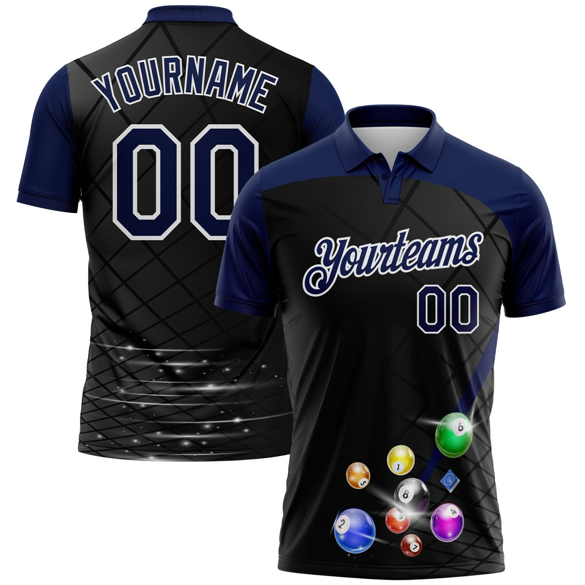 Custom Black Navy-White Billiard Balls Performance Polo Shirt