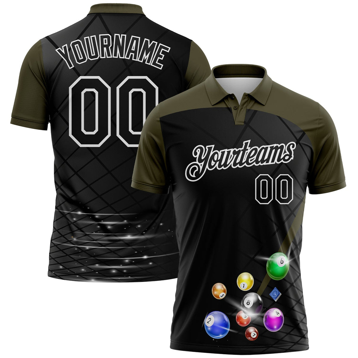 Custom Black Olive-White Billiard Balls Performance Polo Shirt