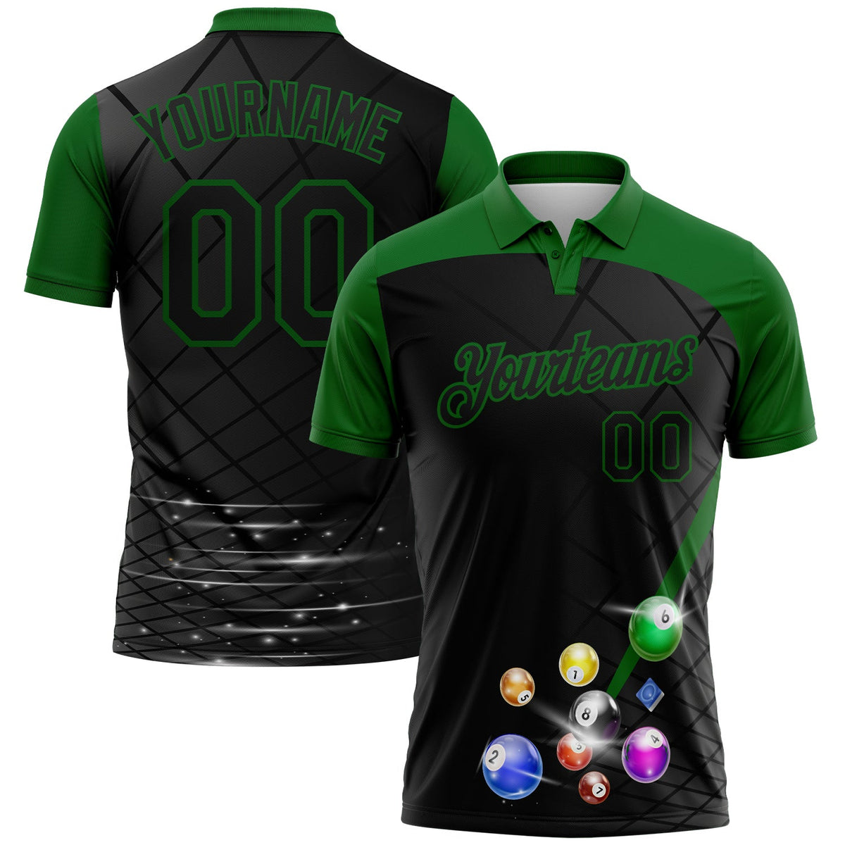 Custom Black-Grass Green Billiard Balls Performance Polo Shirt