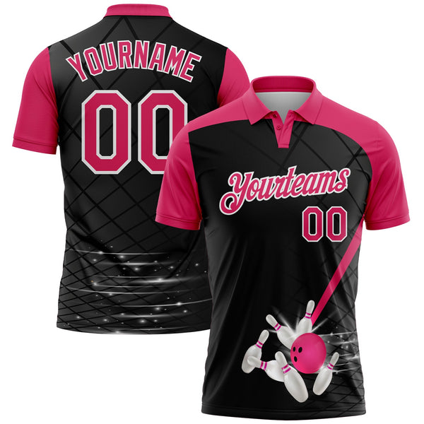 Custom Black Pink-White Bowling Geometric Grid Performance Polo Shirt