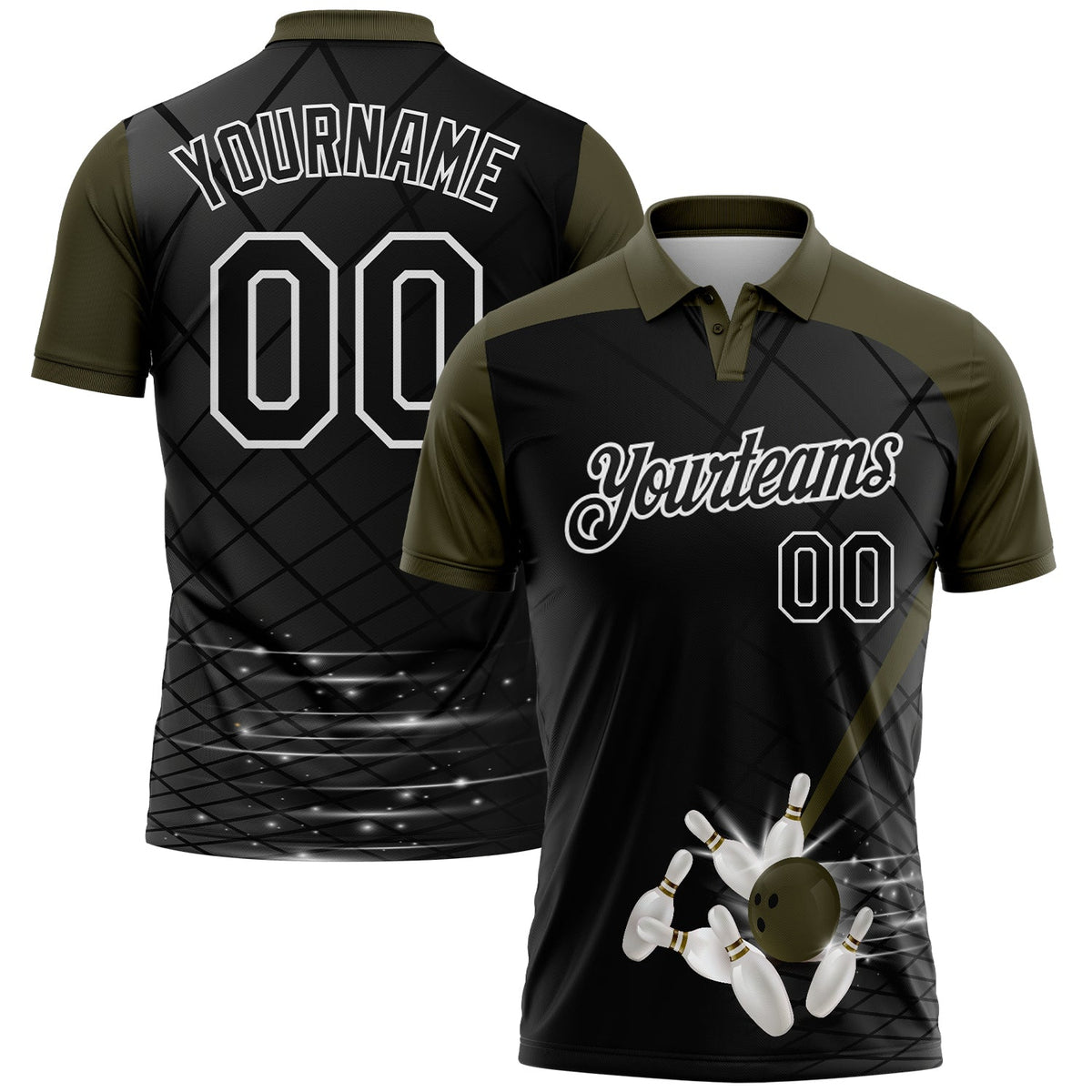 Custom Black Olive-White Bowling Geometric Grid Performance Polo Shirt