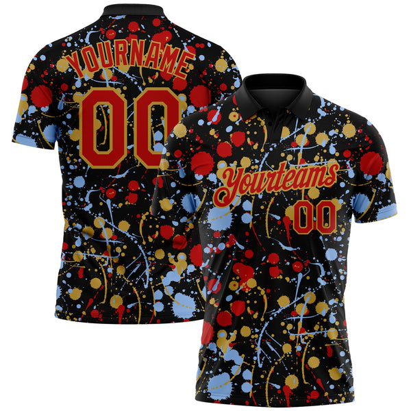 Custom Graffiti Pattern Red Black Light Blue-Old Gold Vibrant Multi-Color Abstract Splatter Performance Polo Shirt