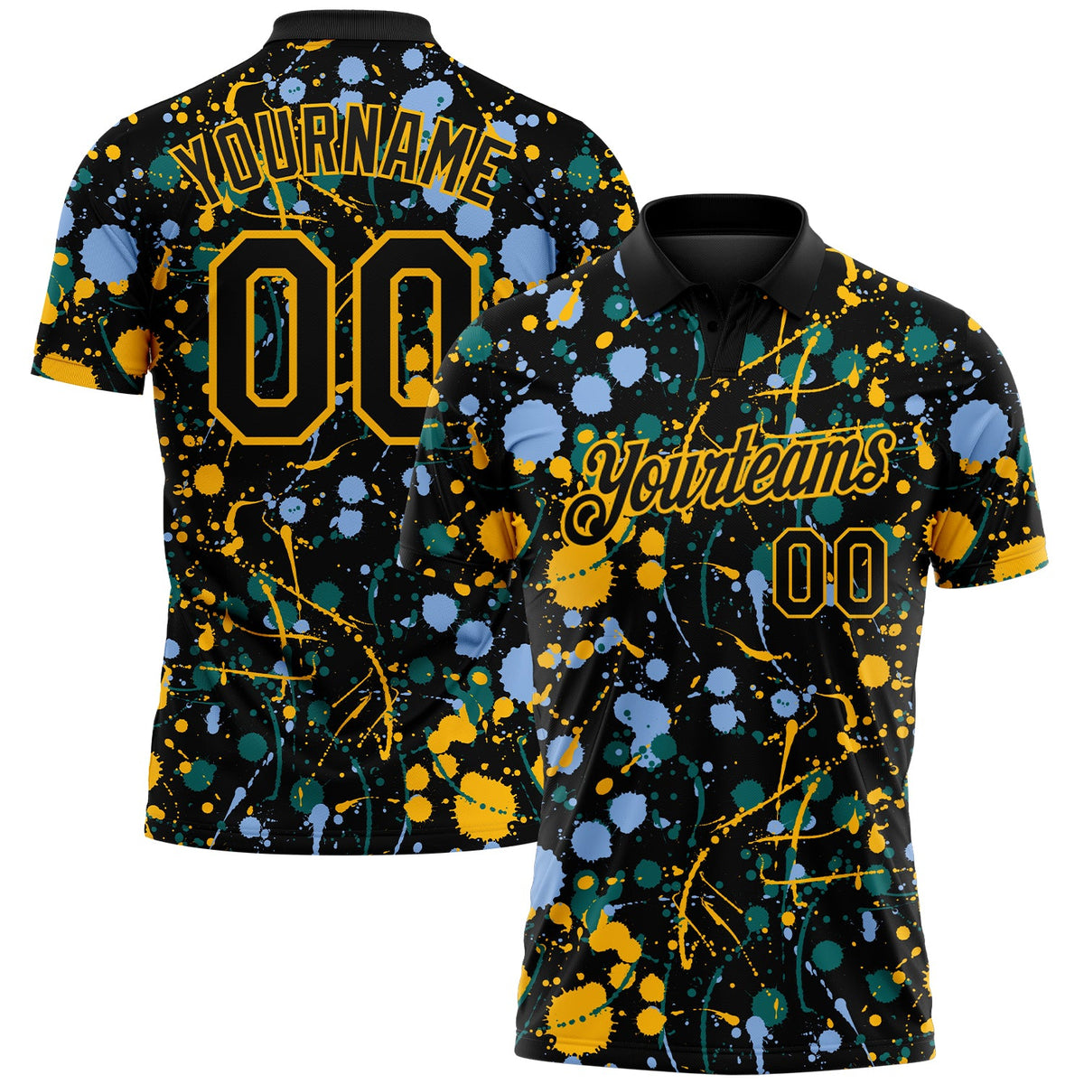Custom Graffiti Pattern Black Light Blue Gold-Teal Vibrant Multi-Color Abstract Splatter Performance Polo Shirt