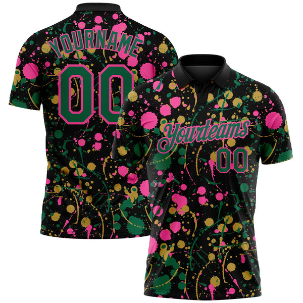 Custom Graffiti Pattern Kelly Green Black Pink-Old Gold Vibrant Multi-Color Abstract Splatter Performance Polo Shirt