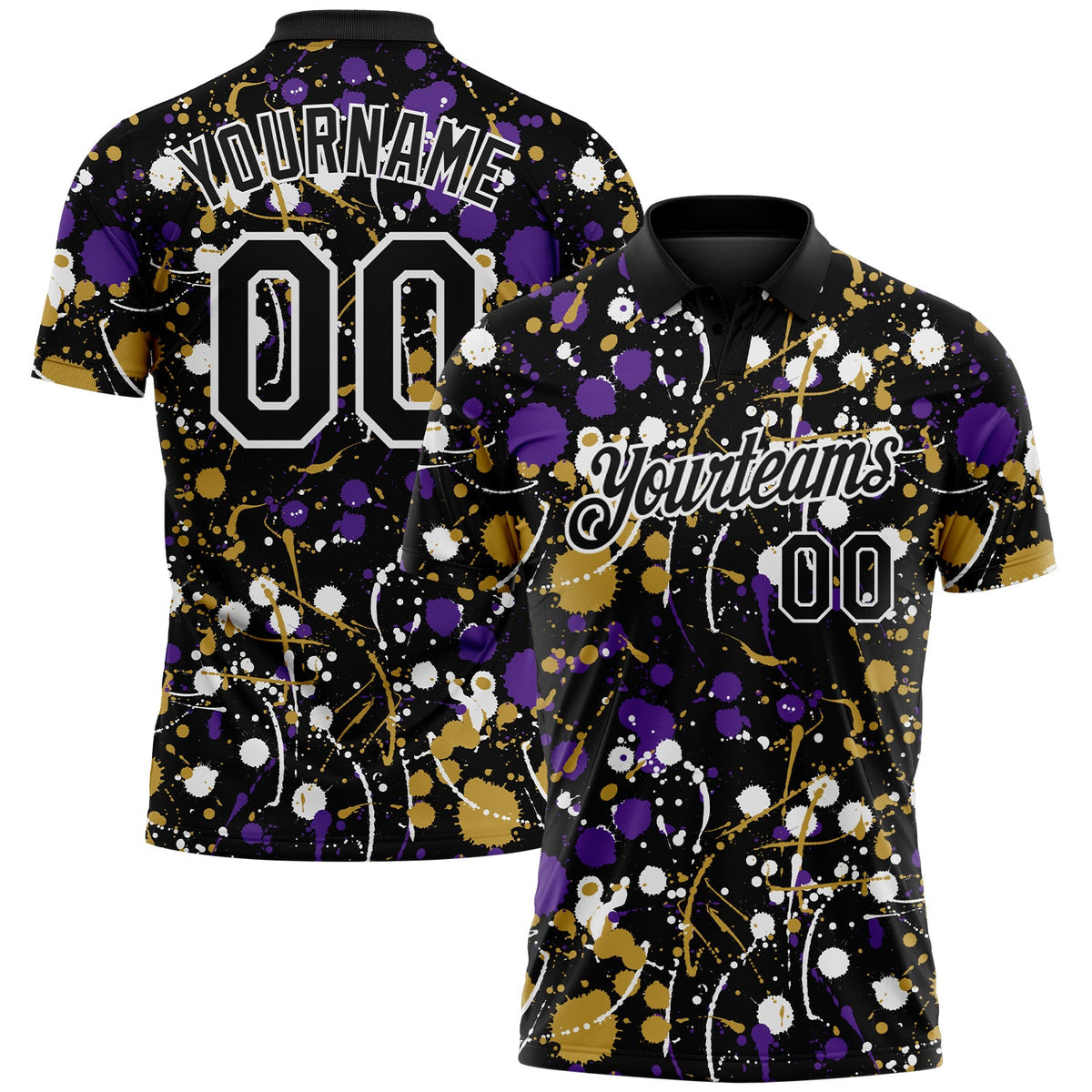 Custom Graffiti Pattern Black Purple Old Gold-White Vibrant Multi-Color Abstract Splatter Performance Polo Shirt