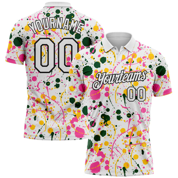Custom Graffiti Pattern White Green Pink Yellow-Black Vibrant Multi-Color Abstract Splatter Performance Polo Shirt