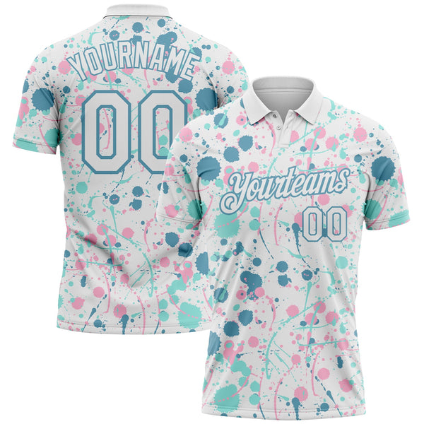 Custom Graffiti Pattern White Shadow Blue Ice Blue-Light Pink Vibrant Multi-Color Abstract Splatter Performance Polo Shirt