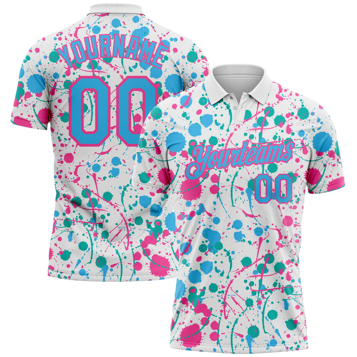 Custom Graffiti Pattern Sky Blue White Pink-Aqua Vibrant Multi-Color Abstract Splatter Performance Polo Shirt