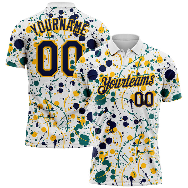 Custom Graffiti Pattern Navy White Teal-Gold Vibrant Multi-Color Abstract Splatter Performance Polo Shirt