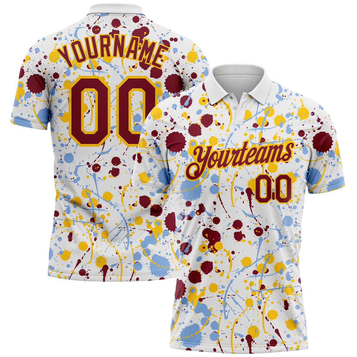 Custom Graffiti Pattern Crimson White Light Blue-Yellow Vibrant Multi-Color Abstract Splatter Performance Polo Shirt