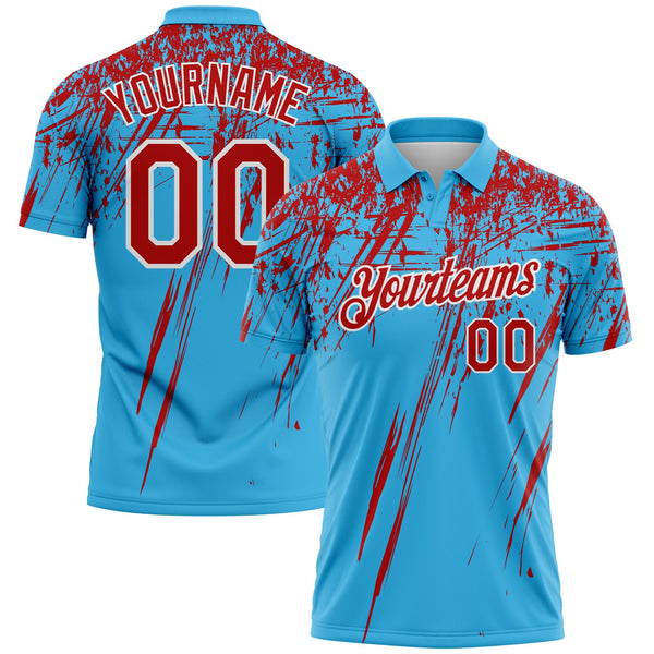 Custom Sky Blue Red-White Distressed Scratch Brush Stroke Performance Polo Shirt