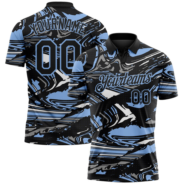 Custom Black Light Blue-Gray 3D Pattern Abstract Fluid Marble Performance Polo Shirt