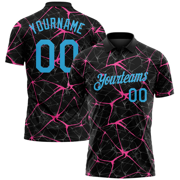 Custom Black Sky Blue-Pink 3D Pattern Abstract Network Crackle Performance Polo Shirt