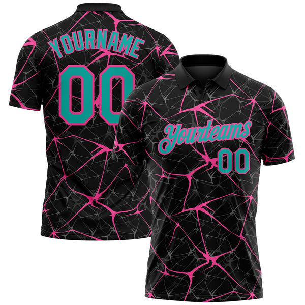 Custom Black Aqua-Pink 3D Pattern Abstract Network Crackle Performance Polo Shirt