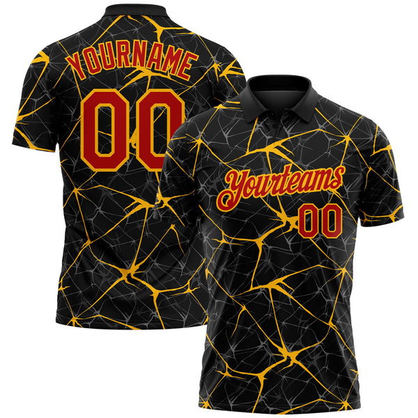 Custom Black Red-Gold 3D Pattern Abstract Network Crackle Performance Polo Shirt
