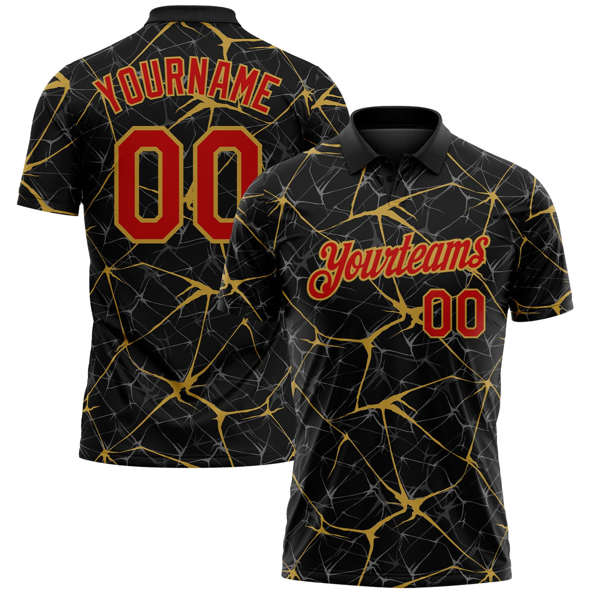 Custom Black Red-Old Gold 3D Pattern Abstract Network Crackle Performance Polo Shirt