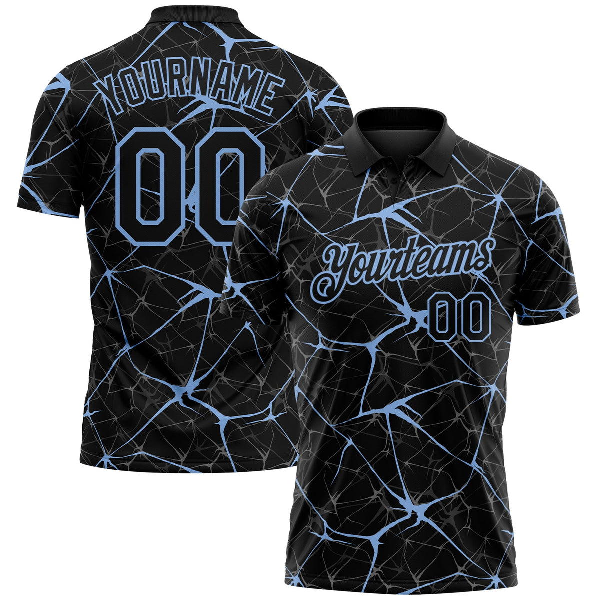 Custom Black-Light Blue 3D Pattern Abstract Network Crackle Performance Polo Shirt