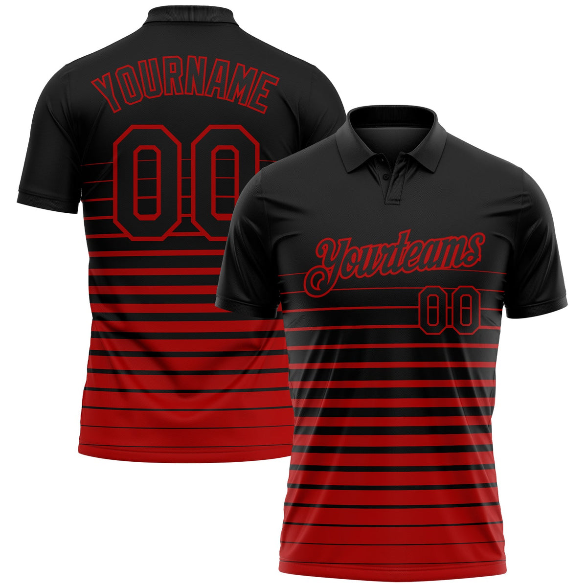 Custom Black-Red Horizontal Gradient Stripe Performance Polo Shirt