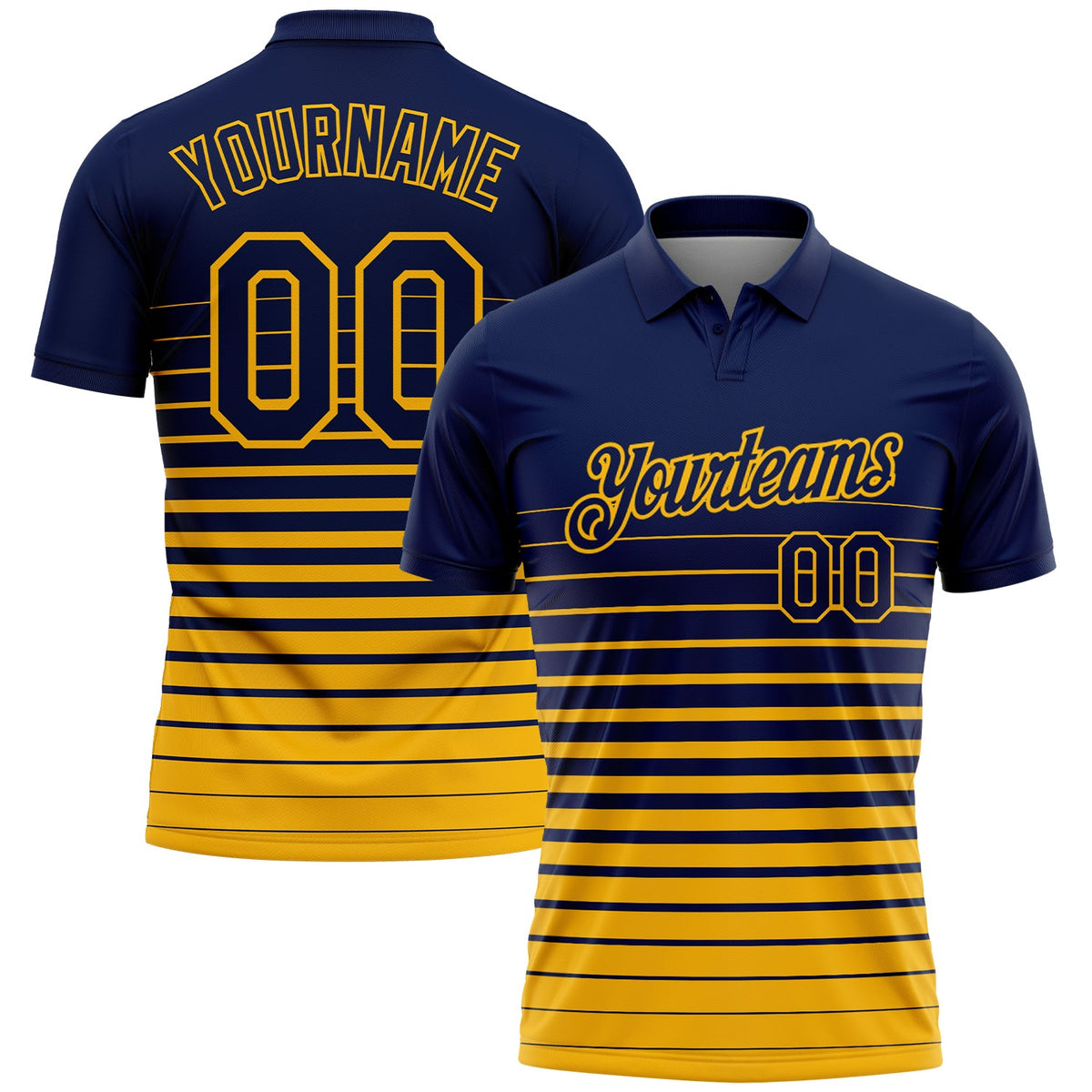 Custom Navy-Gold Horizontal Gradient Stripe Performance Polo Shirt