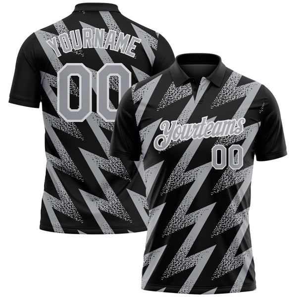 Custom Black Gray-White Geometric Zigzag Shape Lightning Performance Polo Shirt