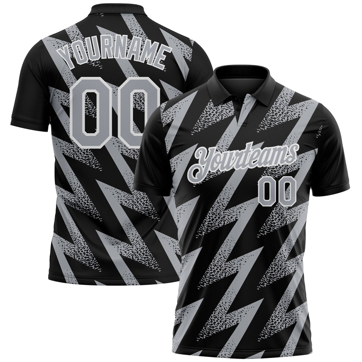 Custom Black Gray-White Geometric Zigzag Shape Lightning Performance Polo Shirt