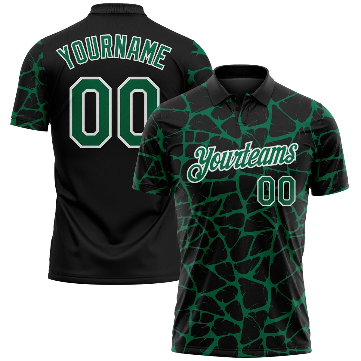 Custom Black Kelly Green-White 3D Pattern Abstract Network Crackle Performance Polo Shirt