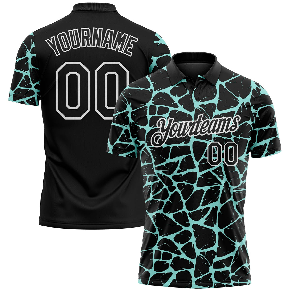Custom Black Ice Blue-White 3D Pattern Abstract Network Crackle Performance Polo Shirt