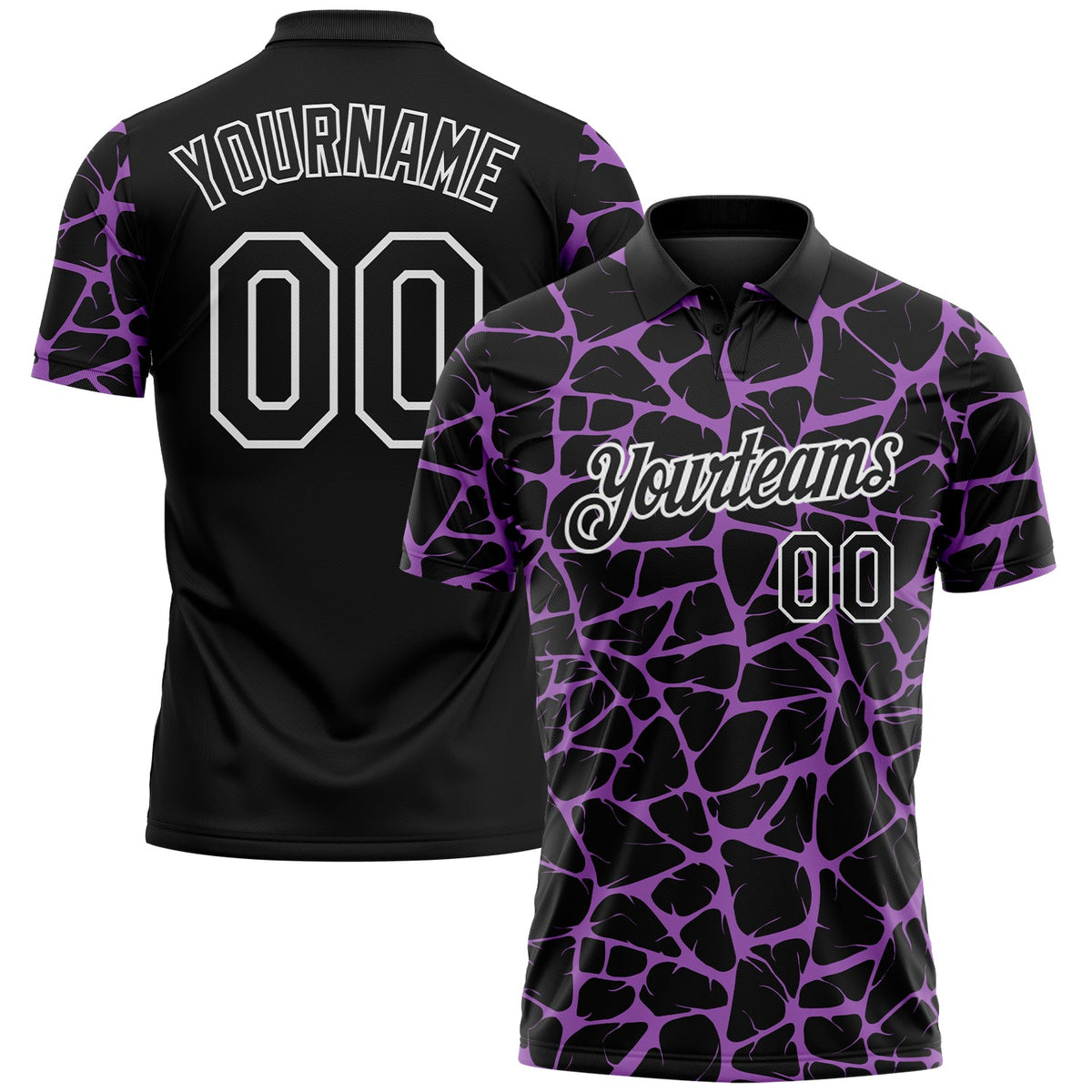 Custom Black Medium Purple-White 3D Pattern Abstract Network Crackle Performance Polo Shirt