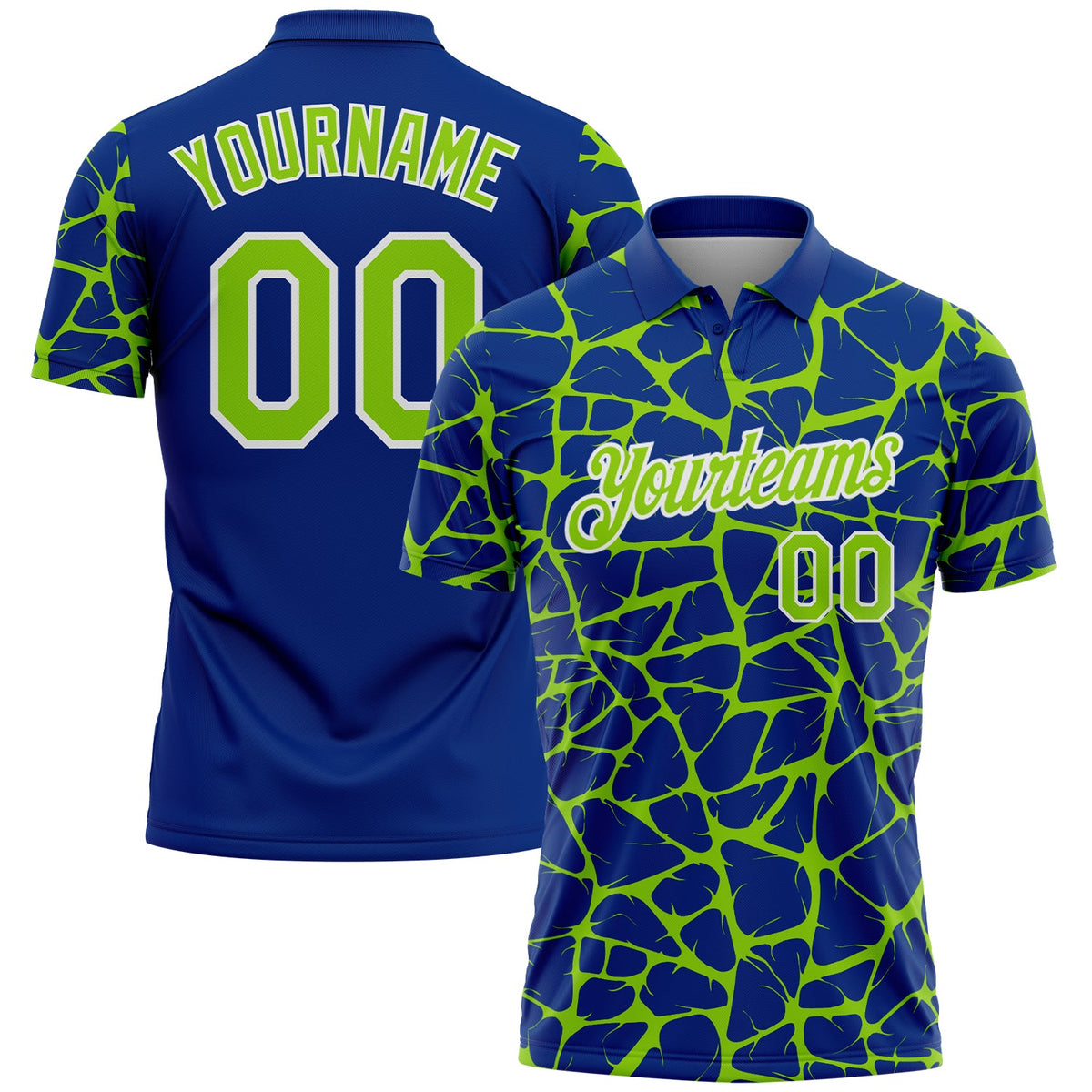 Custom Royal Neon Green-White 3D Pattern Abstract Network Crackle Performance Polo Shirt