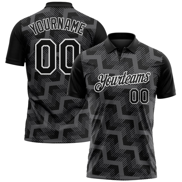 Custom Black Steel Gray-White Geometric Block Diagonal Line Hatching Performance Polo Shirt