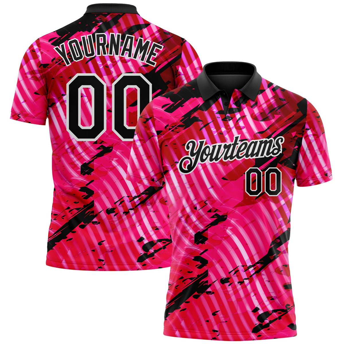 Custom Black Pink-White Abstract Grunge Splatter Diagonal Stripe Performance Polo Shirt