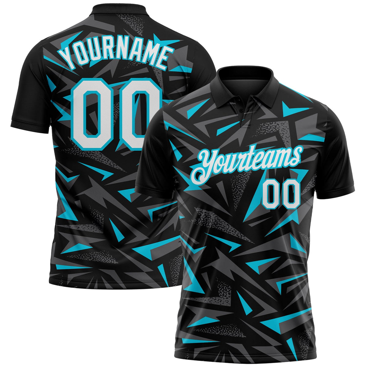 Custom Black White Steel Gray-Lakes Blue Cyber Mecha E-sport Geometric Shards Spike Performance Polo Shirt