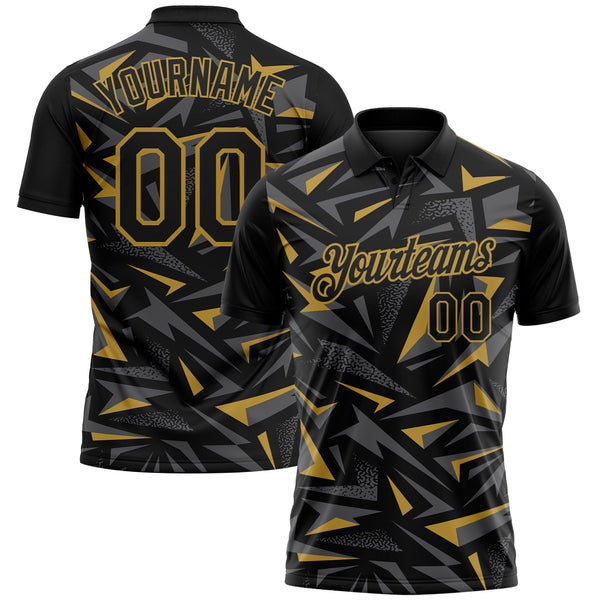 Custom Black Steel Gray-Old Gold Cyber Mecha E-sport Geometric Shards Spike Performance Polo Shirt