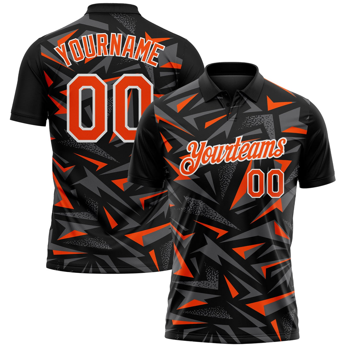 Custom Black Orange Steel Gray-White Cyber Mecha E-sport Geometric Shards Spike Performance Polo Shirt