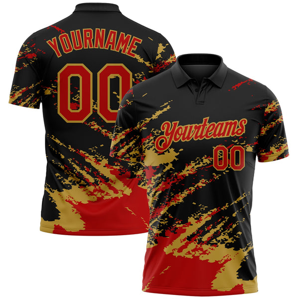 Custom Black Red-Old Gold Brush Stroke Shatter Splatter Performance Polo Shirt
