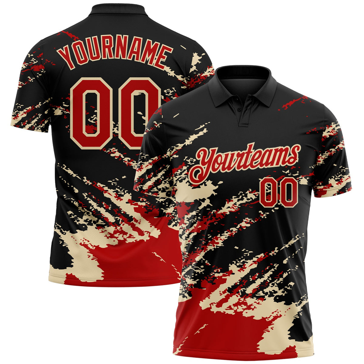 Custom Black Red-Cream Brush Stroke Shatter Splatter Performance Polo Shirt