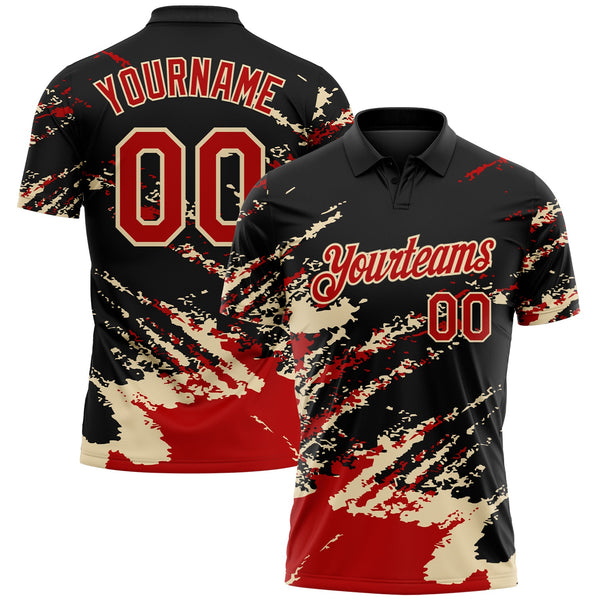 Custom Black Red-Cream Brush Stroke Shatter Splatter Performance Polo Shirt