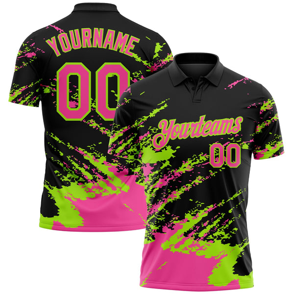 Custom Black Pink-Neon Green Brush Stroke Shatter Splatter Performance Polo Shirt