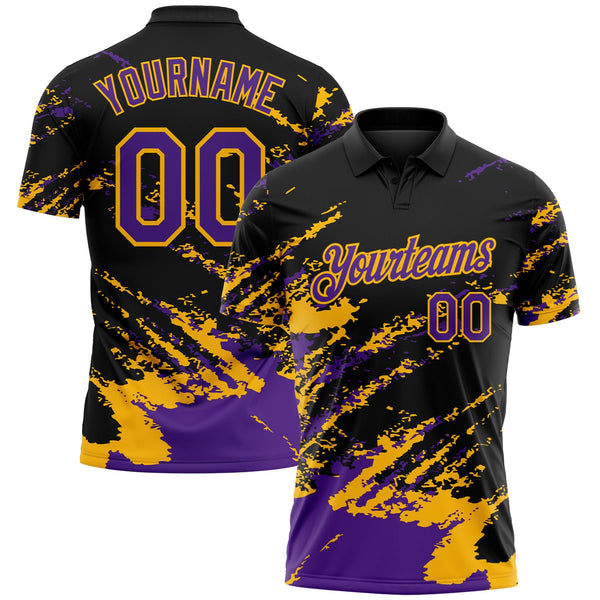 Custom Black Purple-Gold Brush Stroke Shatter Splatter Performance Polo Shirt