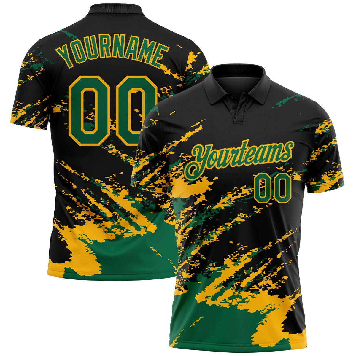 Custom Black Kelly Green-Gold Brush Stroke Shatter Splatter Performance Polo Shirt