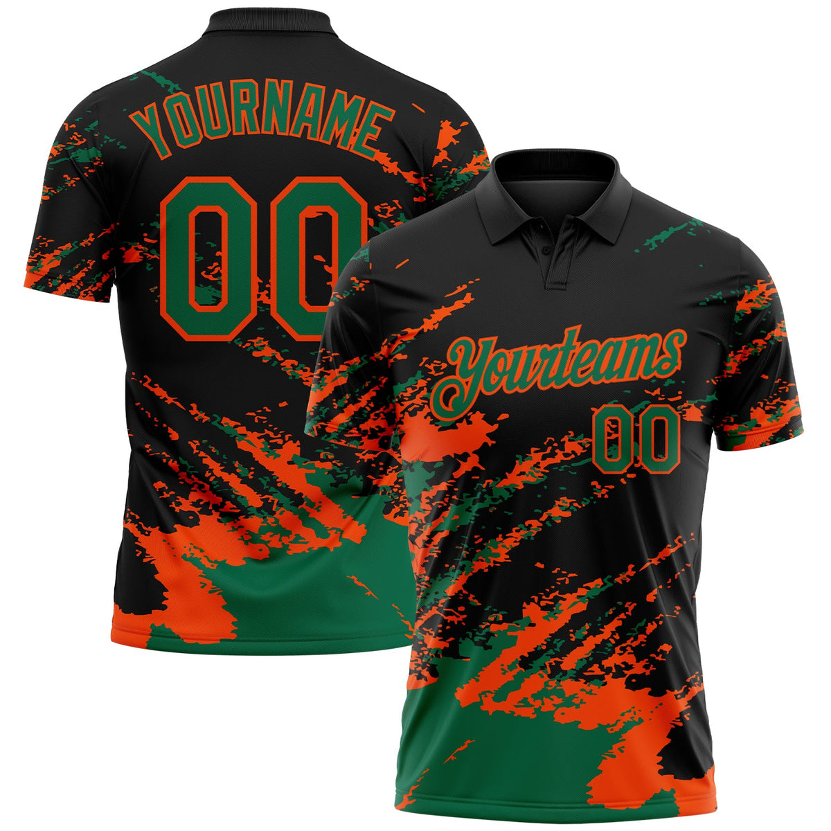 Custom Black Kelly Green-Orange Brush Stroke Shatter Splatter Performance Polo Shirt