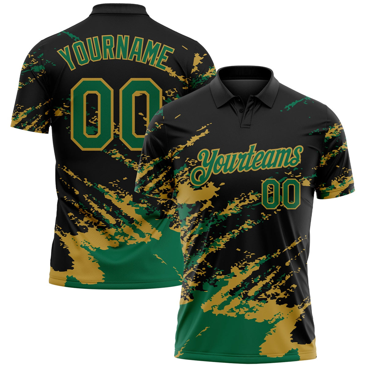 Custom Black Kelly Green-Old Gold Brush Stroke Shatter Splatter Performance Polo Shirt