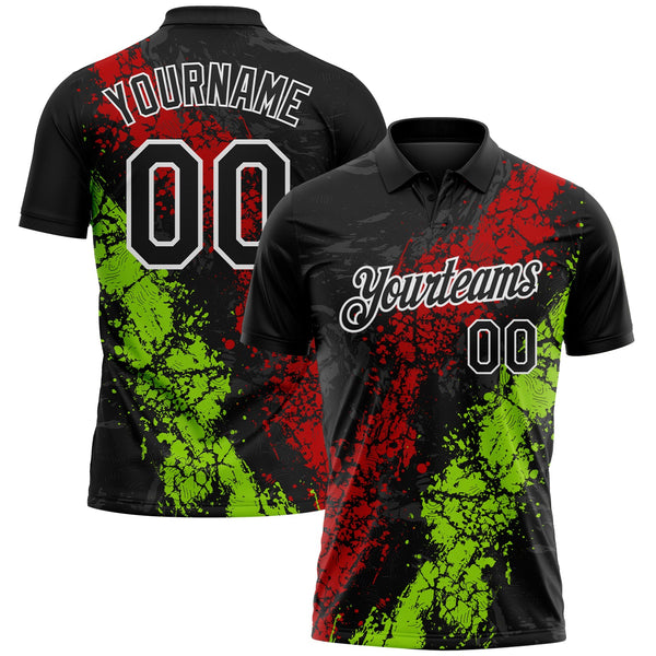 Custom Black Red Neon Green-White Dripping Splatter Cracked Texture Performance Polo Shirt