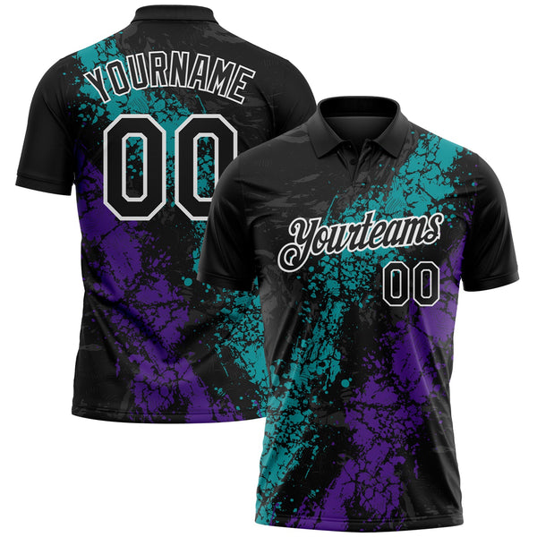 Custom Black Teal Purple-White Dripping Splatter Cracked Texture Performance Polo Shirt